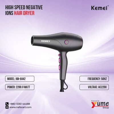 Kemei KM-6842 High Speed Negative Ion Hair Dryer – 2200W Professional Power