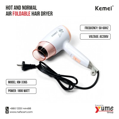 Kemei KM-3365 Hot and Normal Air Foldable Hair Dryer – 1800W Travel-Friendly Styling