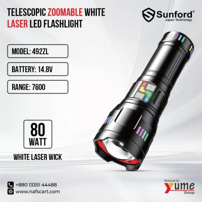 Sunford 492ZL 80W Telescopic Zoomable White Laser LED Flashlight – 7600m Long Range