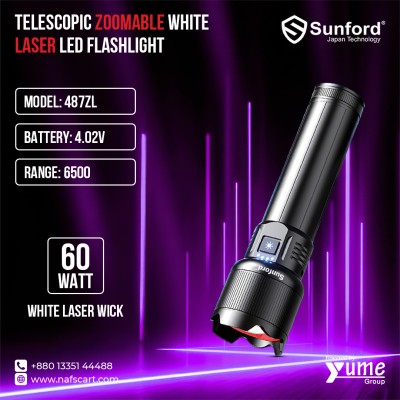 Sunford 487ZL 60W Telescopic Zoomable White Laser LED Flashlight – 6500m Ultra Long Range