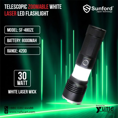 Sunford SF-480ZE 30W Telescopic Zoomable White Laser LED Flashlight – 4200m Range with 8000mAh Battery