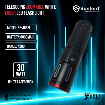 Sunford SF-485ZL 30W Telescopic Zoomable White Laser LED Flashlight – 4200m Range with Digital Battery Display