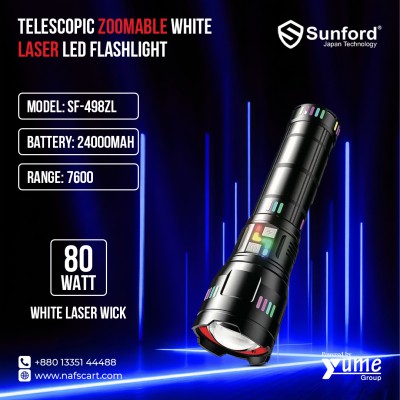 Sunford SF-498ZL 80W Telescopic Zoomable White Laser LED Flashlight – Massive 24000mAh Battery & 7600m Range