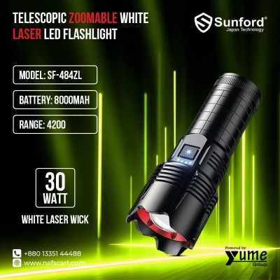 Sunford SF-484ZL 30W Telescopic Zoomable White Laser LED Flashlight – 4200m Range with 8000mAh Battery