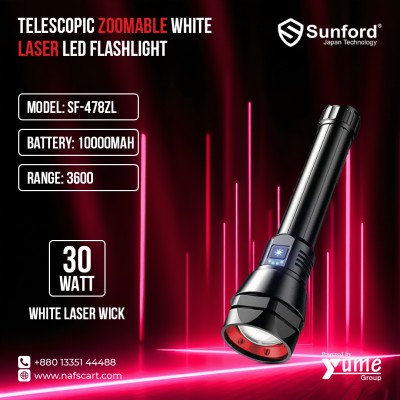 Sunford SF-478ZL 30W Telescopic Zoomable White Laser LED Flashlight – 3600m Range with 10000mAh Battery