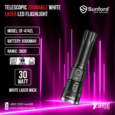 Sunford SF-474ZL 30W Telescopic Zoomable White Laser LED Flashlight – 4000m Range with Power Bank Feature