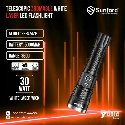 Sunford SF-474ZP 30W Telescopic Zoomable White Laser LED Flashlight – 3600m Range with Digital Display & Power Bank