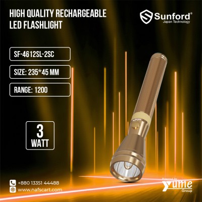 Sunford SF-4612SL-2SC High-Quality Rechargeable LED Flashlight – 1200m Range & Gold Finish