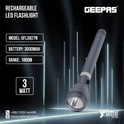 Geepas GFL3827N 3W High-Performance Rechargeable LED Flashlight – 1800m Long Range with 3000mAh Battery