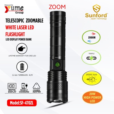 Sunford SF-470ZL Telescopic Zoomable 20W White Laser LED Flashlight & Power Bank