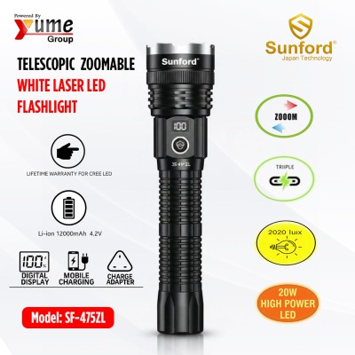 Sunford SF-475ZL Telescopic Zoomable 30W White Laser LED Flashlight & Power Bank