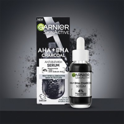 Garnier AHA BHA Charcoal Anti-Blemish Serum 30ml – 4% Niacinamide Face Serum for Acne, Oil Control & Smooth Skin