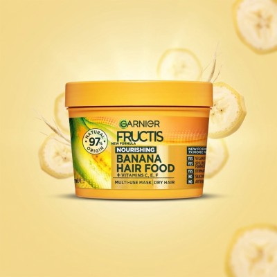 Garnier Fructis Banana Hair Food Mask 390ml – Nourishing 3-in-1 Treatment for Dry Hair, Deep Repair & Smooth Shine