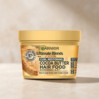 Garnier Cocoa Butter Hair Food Mask 390ml – Curl Restoring 3-in-1 Treatment for Dry & Curly Hair, Deep Moisture & Shine