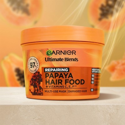 Garnier Papaya Hair Food Mask 390ml – Repairing 3-in-1 Treatment for Damaged Hair, Breakage Control & Smooth Shine