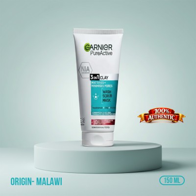 Garnier Pure Active 3-in-1 Clay Wash Scrub Mask with Niacinamide 150 ml