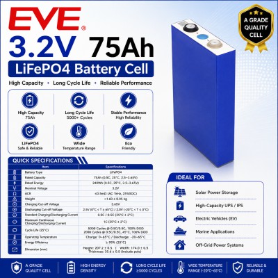 EVE 3.2V 75Ah LiFePO4 Battery Cell – Grade A Lithium Iron Phosphate Cell