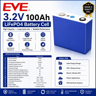 EVE 3.2V 100Ah LiFePO4 Battery Cell – Grade A Lithium Iron Phosphate Battery