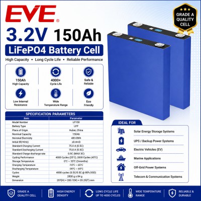 EVE LF150 3.2V 150Ah LiFePO4 Battery Cell – Grade A Lithium Iron Phosphate Battery